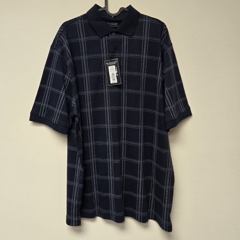 Roundtree and Yorke Silky Finish Plaid polo shirt Dark Navy Blue L